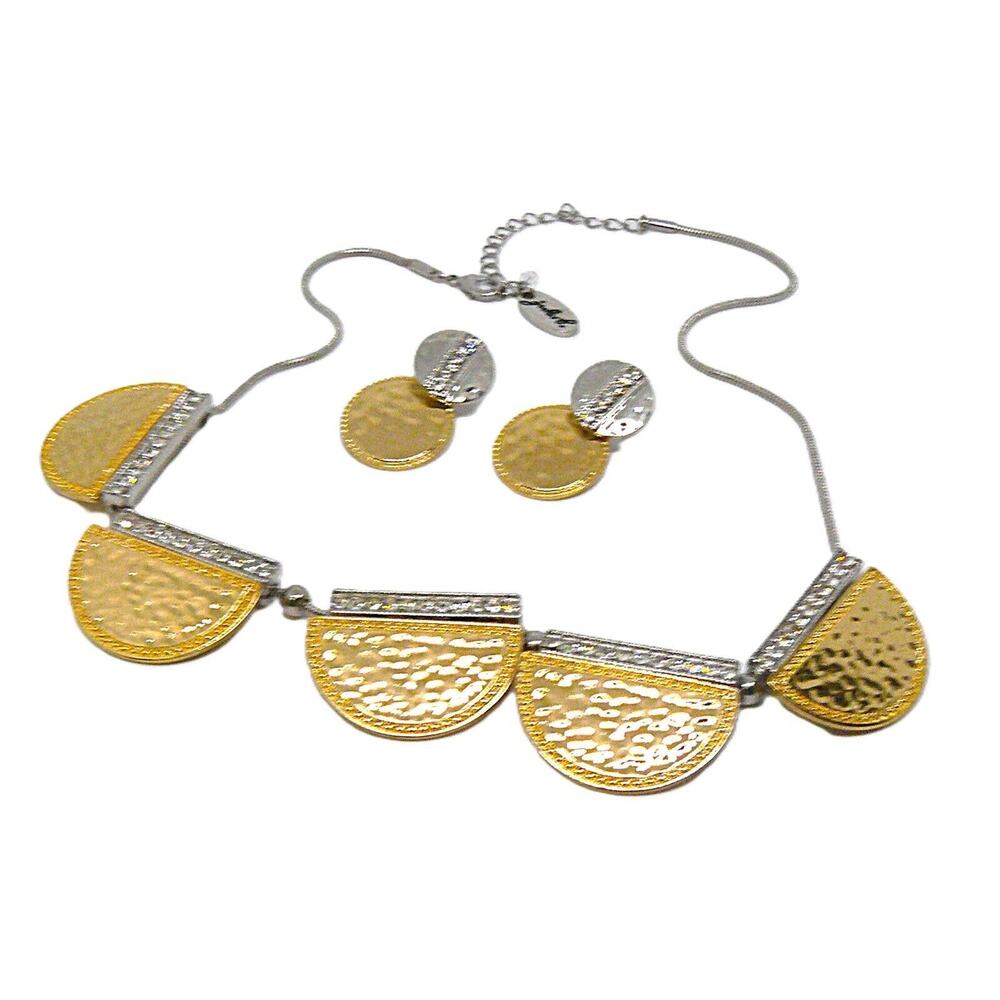JULES B Designer Semicircle Crystal Gold & Silver Tone Necklace Earrings Set VTG
